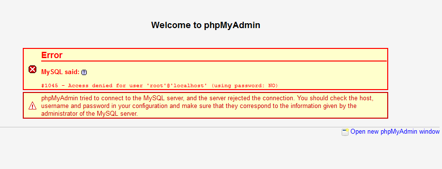 A phpMyAdmin automatikus jelszóbevitelt használ, tehát a hibát a következő jelzi: (Jelszó használata: NEM)